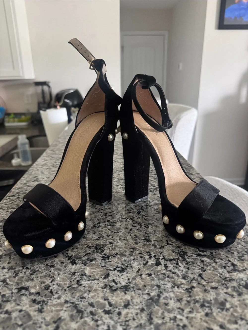 Black Pearl-Embellished Platform Heels - Women